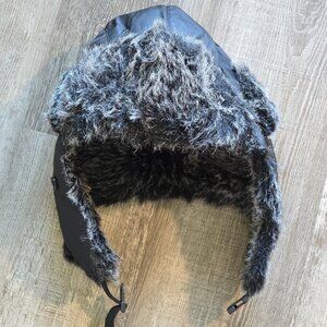 Black Trapper Hat Faux Fur Lined Chin Clip Fashion Accessory Youth Winter